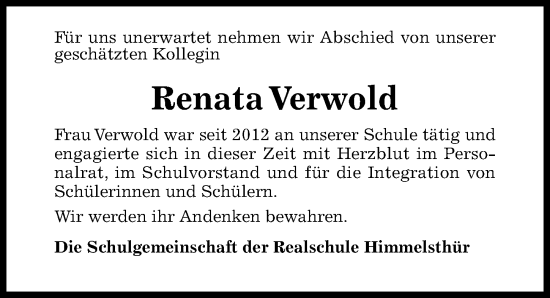Traueranzeige von Renata Verwold von Hildesheimer Allgemeine Zeitung