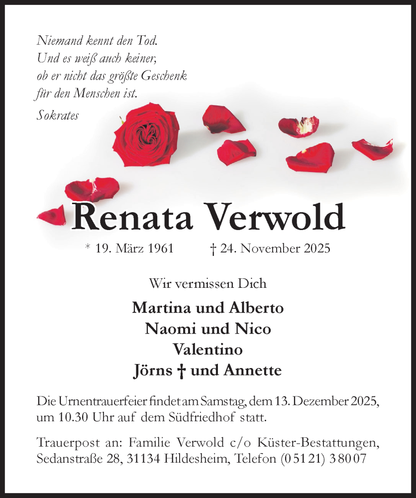  Traueranzeige für Renata Verwold vom 06.12.2025 aus Hildesheimer Allgemeine Zeitung
