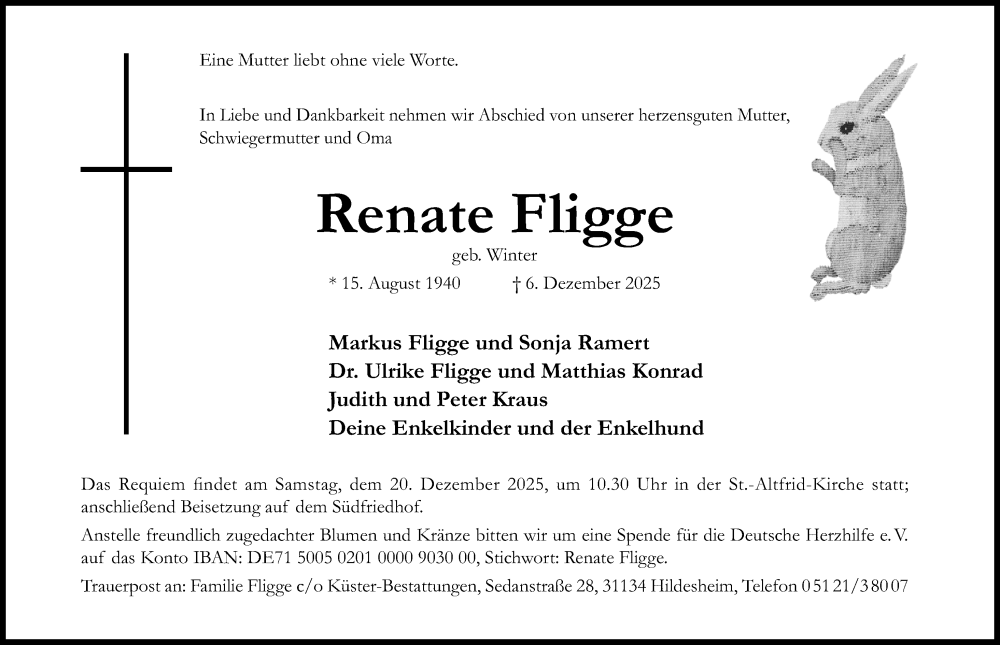  Traueranzeige für Renate Fligge vom 13.12.2025 aus Hildesheimer Allgemeine Zeitung