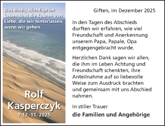 Traueranzeige von Rolf Kasperczyk von Hildesheimer Allgemeine Zeitung
