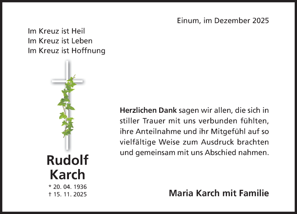  Traueranzeige für Rudolf Karch vom 17.12.2025 aus Hildesheimer Allgemeine Zeitung