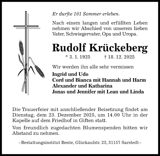 Traueranzeige von Rudolf Krückeberg von Hildesheimer Allgemeine Zeitung