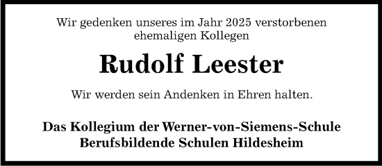 Traueranzeige von Rudolf Leester von Hildesheimer Allgemeine Zeitung