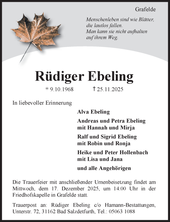 Traueranzeige von Rüdiger Ebeling von Hildesheimer Allgemeine Zeitung