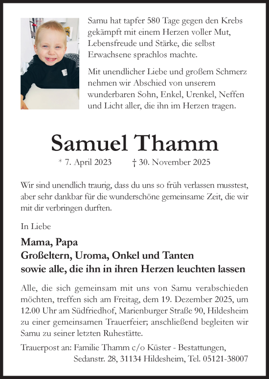 Traueranzeige von Samuel Thamm von Hildesheimer Allgemeine Zeitung