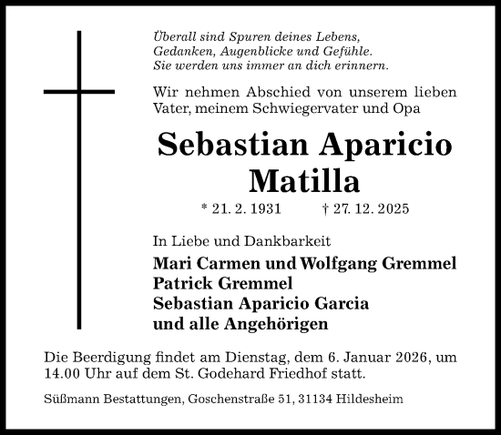 Traueranzeige von Sebastian Aparicio von Hildesheimer Allgemeine Zeitung
