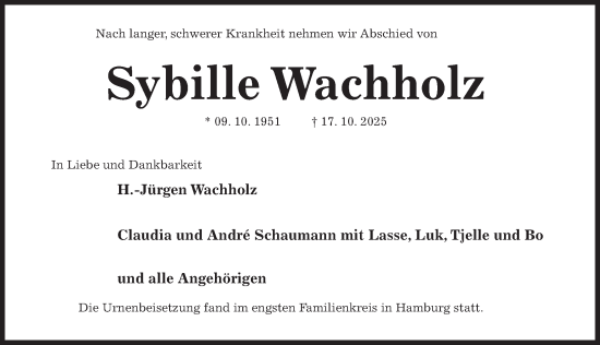Traueranzeige von Sybille Wachholz von Hildesheimer Allgemeine Zeitung