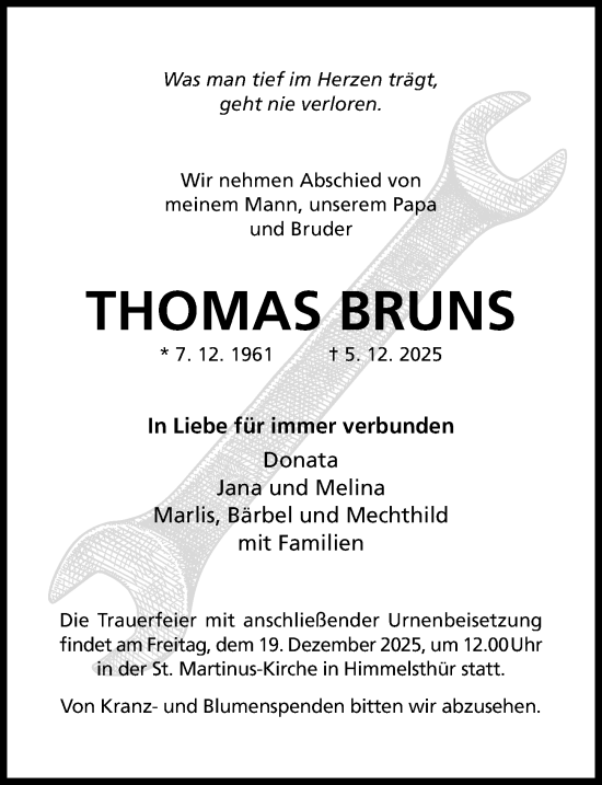 Traueranzeige von Thomas Bruns von Hildesheimer Allgemeine Zeitung