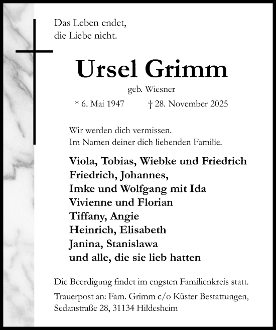 Traueranzeige von Ursel Grimm von Hildesheimer Allgemeine Zeitung