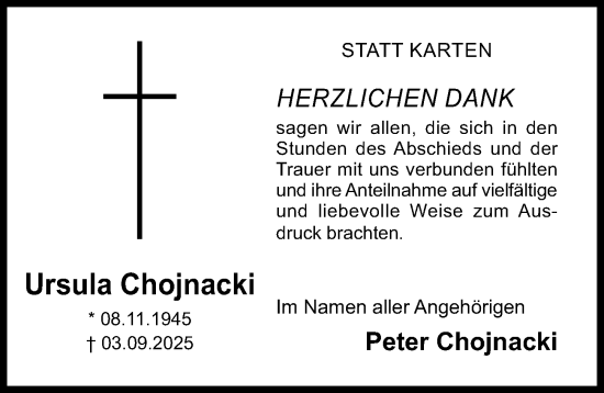 Traueranzeige von Ursula Chojnacki von Hildesheimer Allgemeine Zeitung