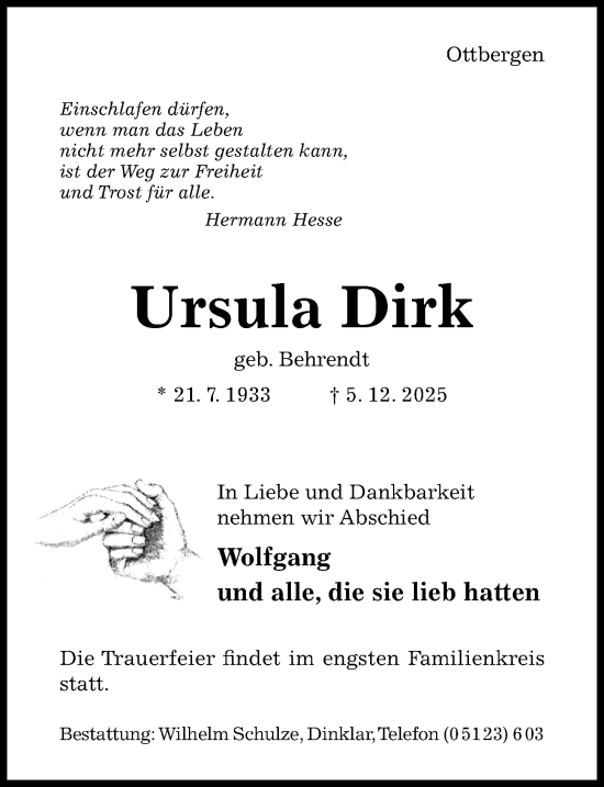 Traueranzeige von Ursula Dirk von Hildesheimer Allgemeine Zeitung