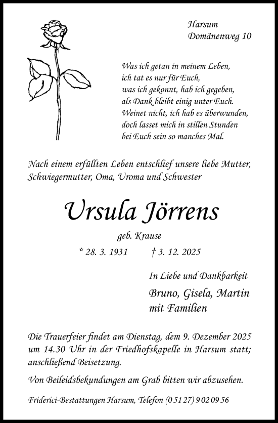 Traueranzeige von Ursula Jörrens von Hildesheimer Allgemeine Zeitung