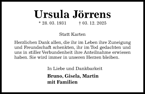 Traueranzeige von Ursula Jörrens von Hildesheimer Allgemeine Zeitung