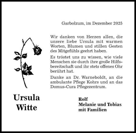 Traueranzeige von Ursula Witte von Hildesheimer Allgemeine Zeitung