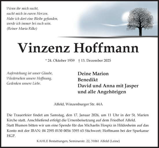 Traueranzeige von Vinzenz Hoffmann von Hildesheimer Allgemeine Zeitung