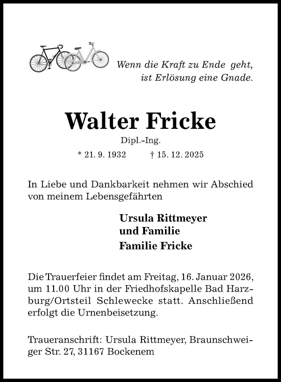 Traueranzeige von Walter Fricke von Hildesheimer Allgemeine Zeitung