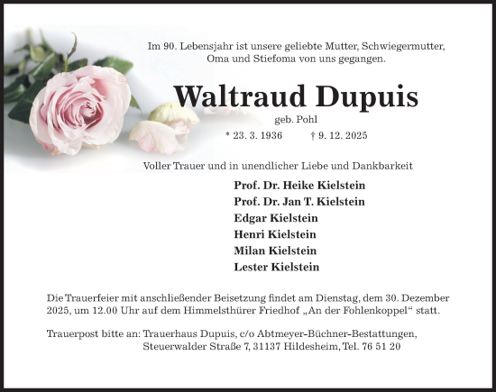 Traueranzeige von Waltraud Dupuis von Hildesheimer Allgemeine Zeitung