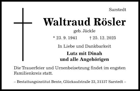 Traueranzeige von Waltraud Rösler von Hildesheimer Allgemeine Zeitung