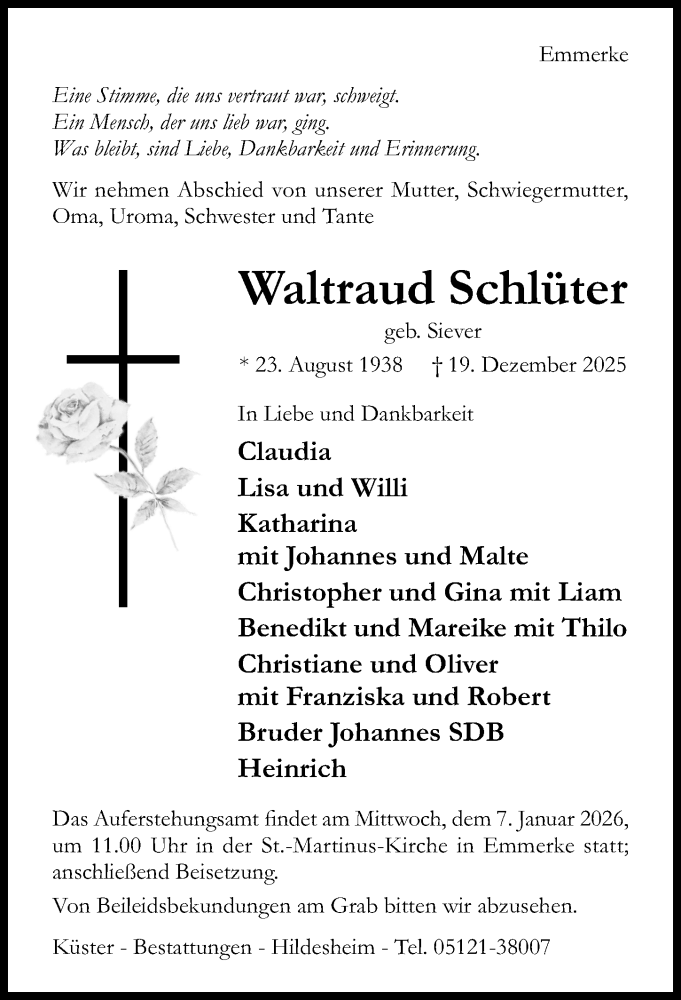  Traueranzeige für Waltraud Schlüter vom 31.12.2025 aus Hildesheimer Allgemeine Zeitung