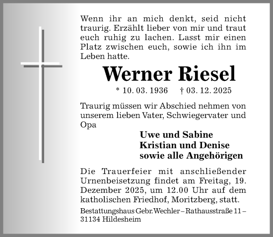 Traueranzeige von Werner Riesel von Hildesheimer Allgemeine Zeitung
