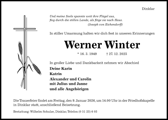 Traueranzeige von Werner Winter von Hildesheimer Allgemeine Zeitung
