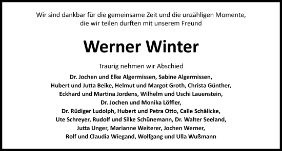 Traueranzeige von Werner Winter von Hildesheimer Allgemeine Zeitung