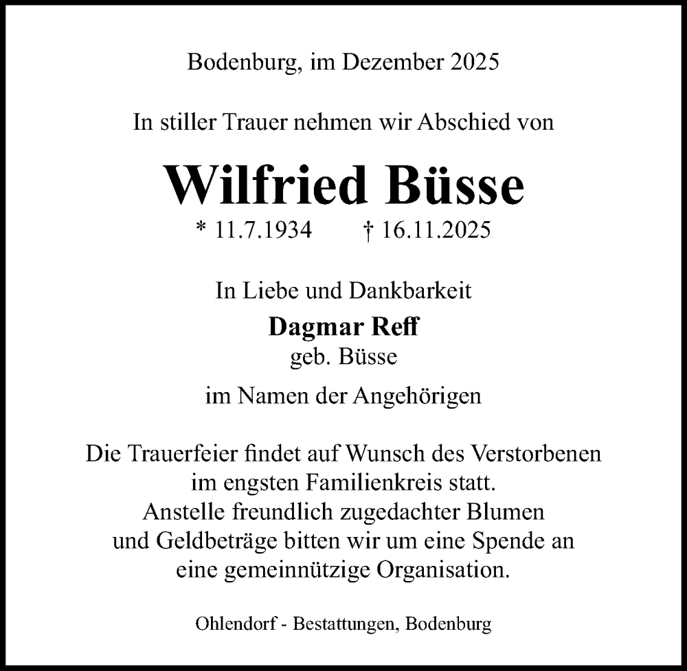  Traueranzeige für Wilfried Büsse vom 03.12.2025 aus Hildesheimer Allgemeine Zeitung