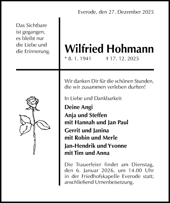 Traueranzeige von Wilfried Hohmann von Hildesheimer Allgemeine Zeitung