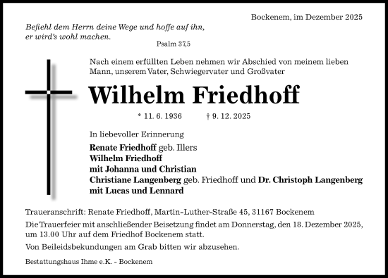 Traueranzeige von Wilhelm Friedhoff von Hildesheimer Allgemeine Zeitung