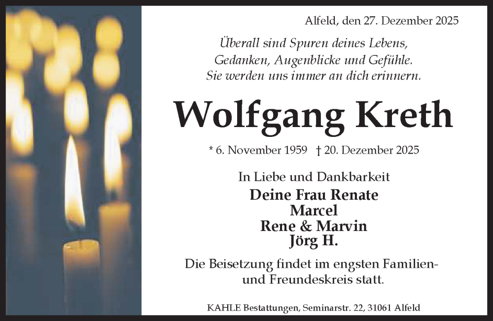  Traueranzeige für Wolfgang Kreth vom 27.12.2025 aus Hildesheimer Allgemeine Zeitung