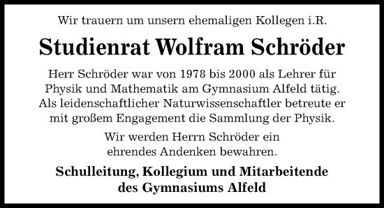 Traueranzeige von Wolfram Schröder von Hildesheimer Allgemeine Zeitung