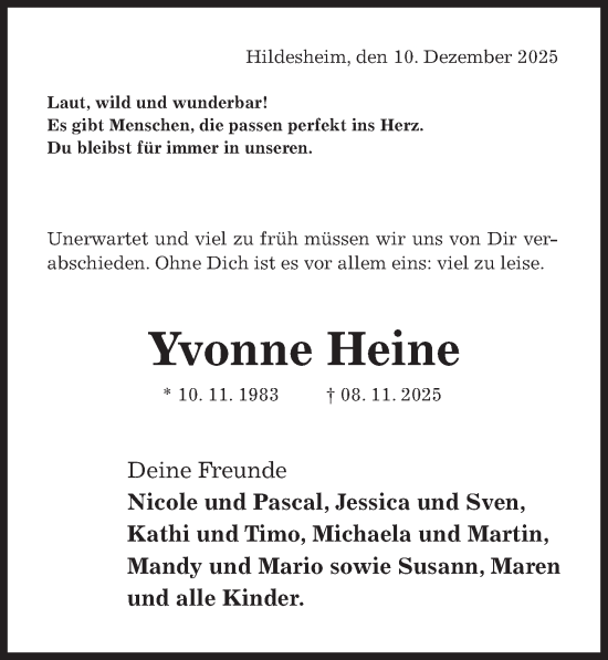 Traueranzeige von Yvonne Heine von Hildesheimer Allgemeine Zeitung