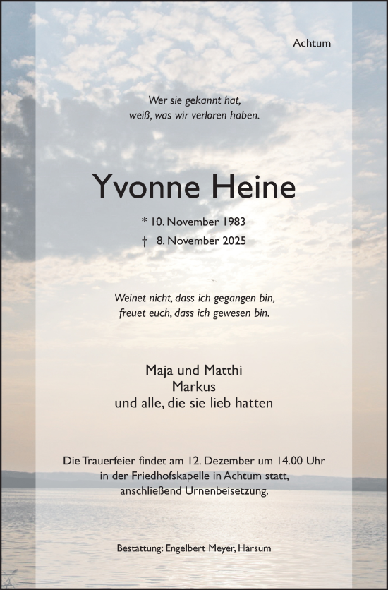Traueranzeige von Yvonne Heine von Hildesheimer Allgemeine Zeitung