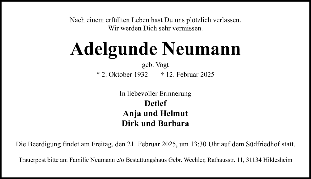  Traueranzeige für Adelgunde Neumann vom 15.02.2025 aus Hildesheimer Allgemeine Zeitung
