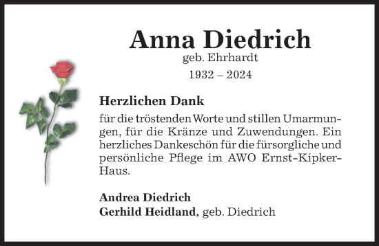 Traueranzeige von Anna Diedrich von Hildesheimer Allgemeine Zeitung