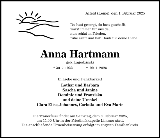 Traueranzeige von Anna Hartmann von Hildesheimer Allgemeine Zeitung