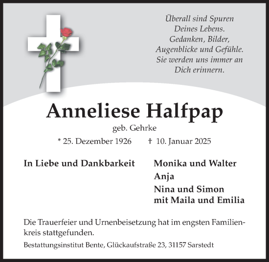 Traueranzeige von Anneliese Halfpap von Hildesheimer Allgemeine Zeitung