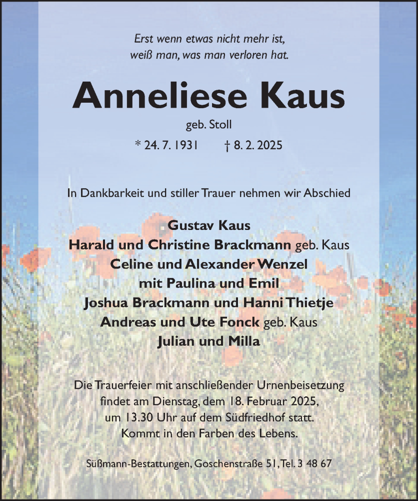  Traueranzeige für Anneliese Kaus vom 12.02.2025 aus Hildesheimer Allgemeine Zeitung