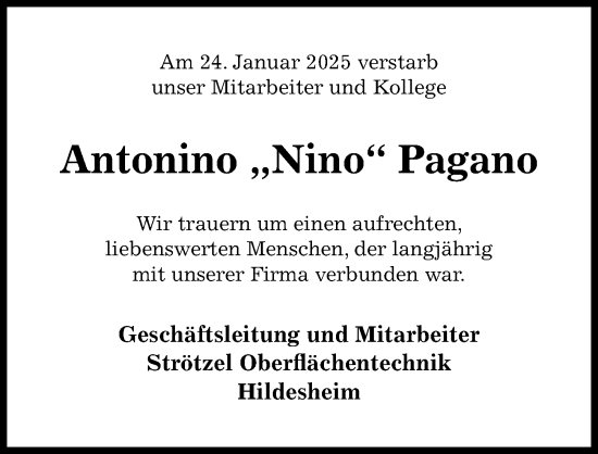 Traueranzeige von Antonino Pagano von Hildesheimer Allgemeine Zeitung