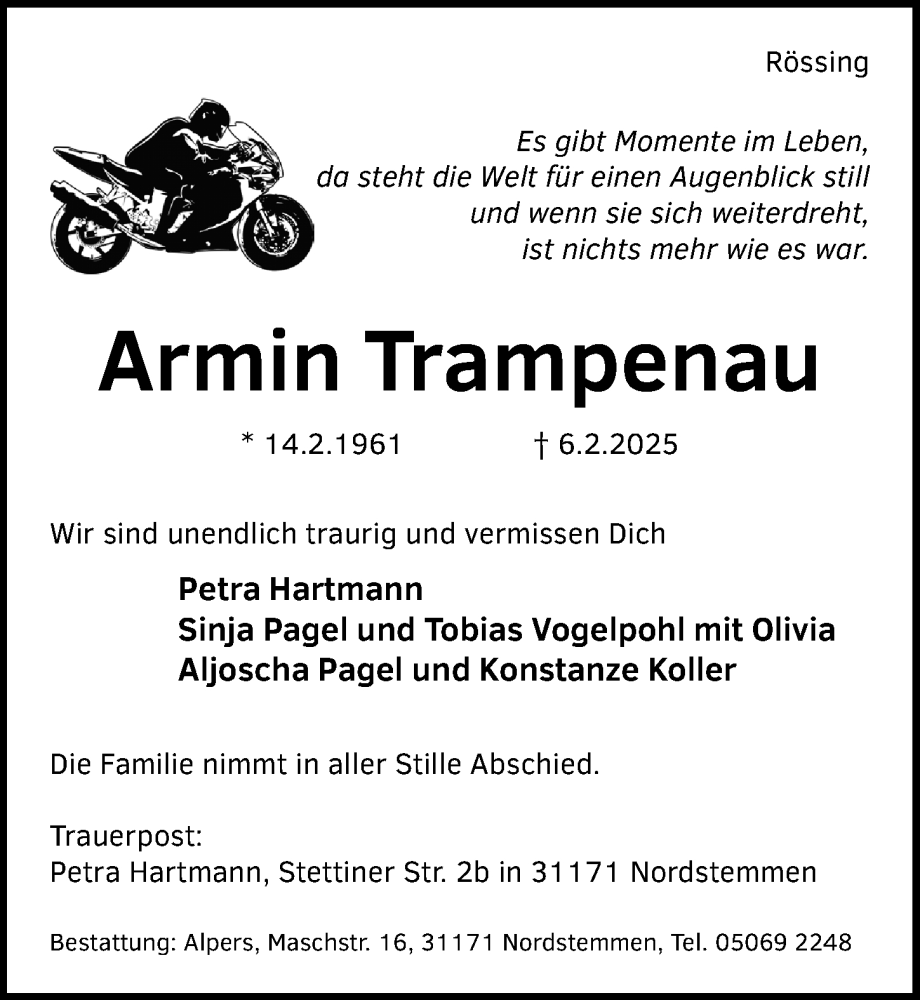  Traueranzeige für Armin Trampenau vom 12.02.2025 aus Hildesheimer Allgemeine Zeitung