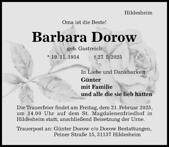 Traueranzeige von Barbara Dorow von Hildesheimer Allgemeine Zeitung