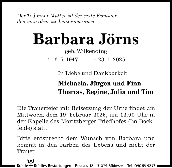Traueranzeige von Barbara Jörns von Hildesheimer Allgemeine Zeitung