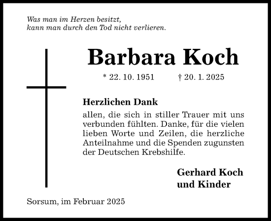 Traueranzeige von Barbara Koch von Hildesheimer Allgemeine Zeitung