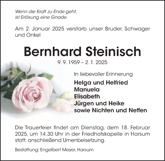 Traueranzeige von Bernhard Steinisch von Hildesheimer Allgemeine Zeitung