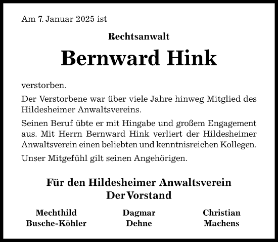 Traueranzeige von Bernward Hink von Hildesheimer Allgemeine Zeitung
