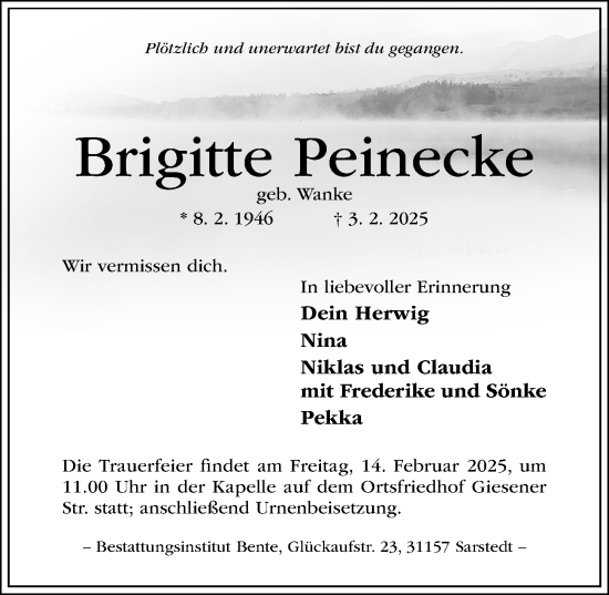 Traueranzeige von Brigitte Peinecke von Hildesheimer Allgemeine Zeitung