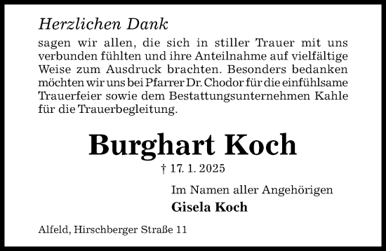 Traueranzeige von Burghart Koch von Hildesheimer Allgemeine Zeitung