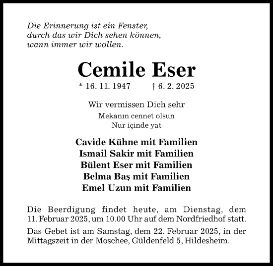 Traueranzeige von Cemile Eser von Hildesheimer Allgemeine Zeitung