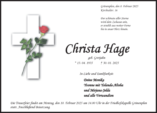 Traueranzeige von Christa Haage von Hildesheimer Allgemeine Zeitung