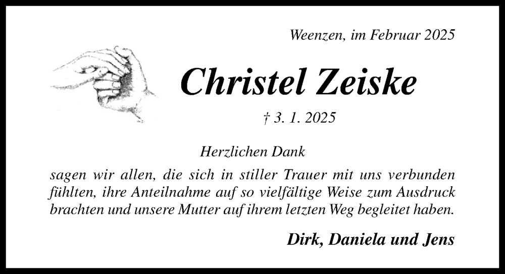  Traueranzeige für Christel Zeiske vom 08.02.2025 aus Hildesheimer Allgemeine Zeitung